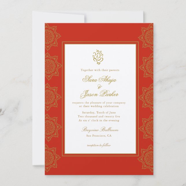 Invitación Ganesh Red & Gold Mandala, Boda indio (Anverso)