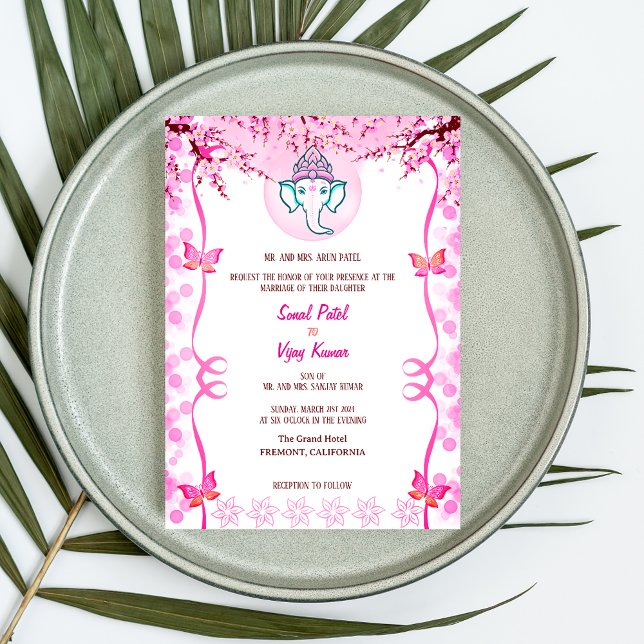 Invitación Ganesha Boda hindú mariposa rosada (Subido por el creador)