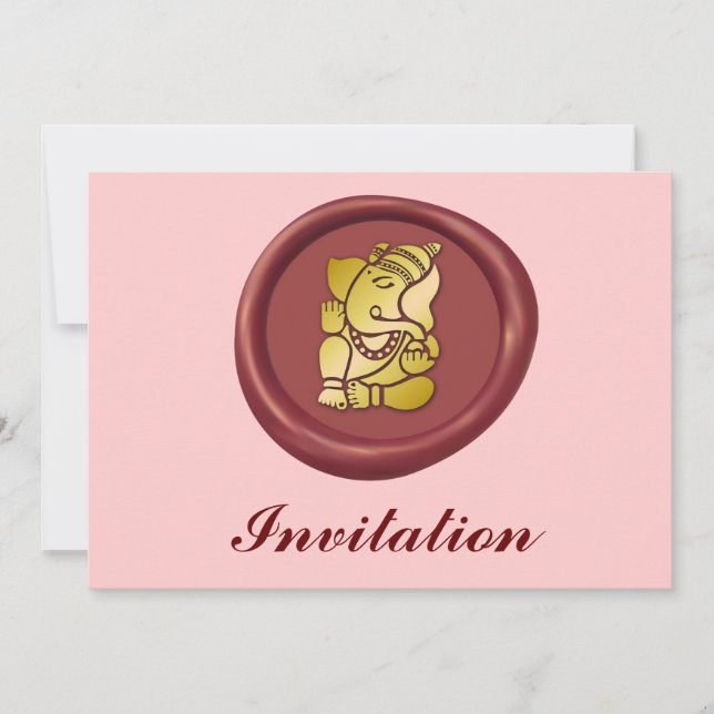 Invitación Ganesha dorado sobre sellado de cera roja (Anverso)