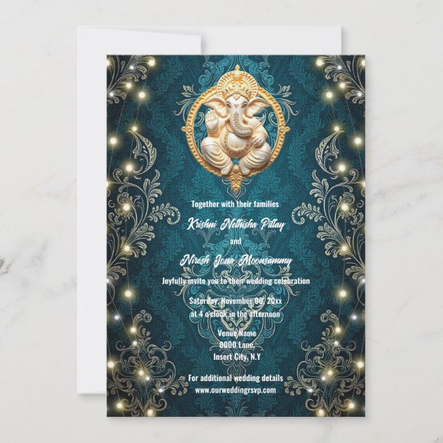 Invitación Ganesha elefante oro azul boda hindú (Anverso)