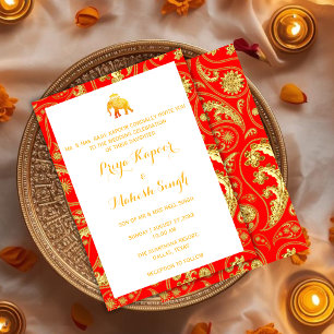 Invitación Ganesha elefante rojo y dorado de boda india
