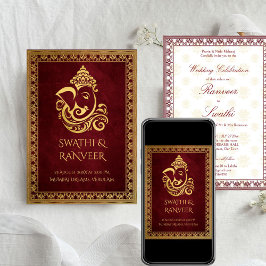 Invitación Ganesha maroon y boda indio de oro