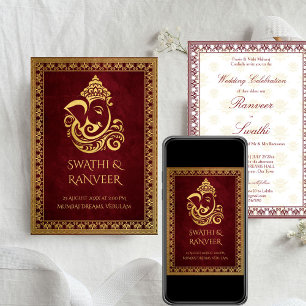 Invitación Ganesha maroon y boda indio de oro