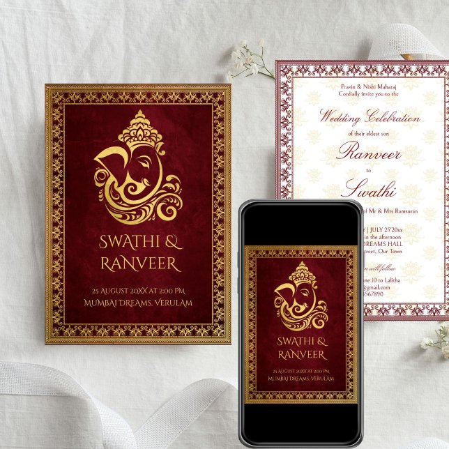Invitación Ganesha maroon y boda indio de oro (Ganesha maroon and gold elegant traditional Indian wedding Invitation cards with RSVP template)