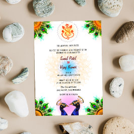 Invitación Ganesha Peacock Pair Blanco Boda hindú hindú