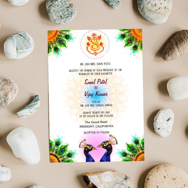 Invitación Ganesha Peacock Pair Blanco Boda hindú hindú (Subido por el creador)