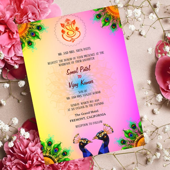 Invitación Ganesha Pink Peacock Pair, Boda hindú indio (Subido por el creador)