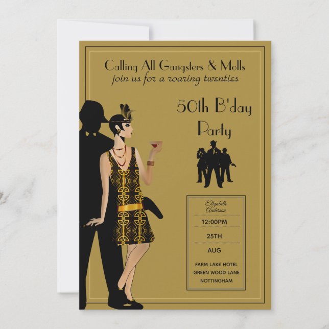 Invitación Gangster Moll Flapper Black Gold de los años 1920  (Anverso)