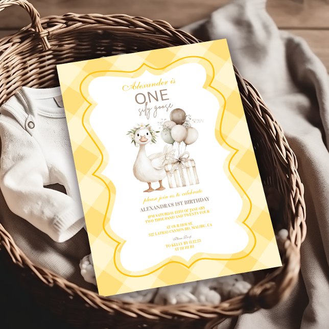 Invitación Ganso Tonto Cumpleaños 1º Amarillo Gingham (Subido por el creador)