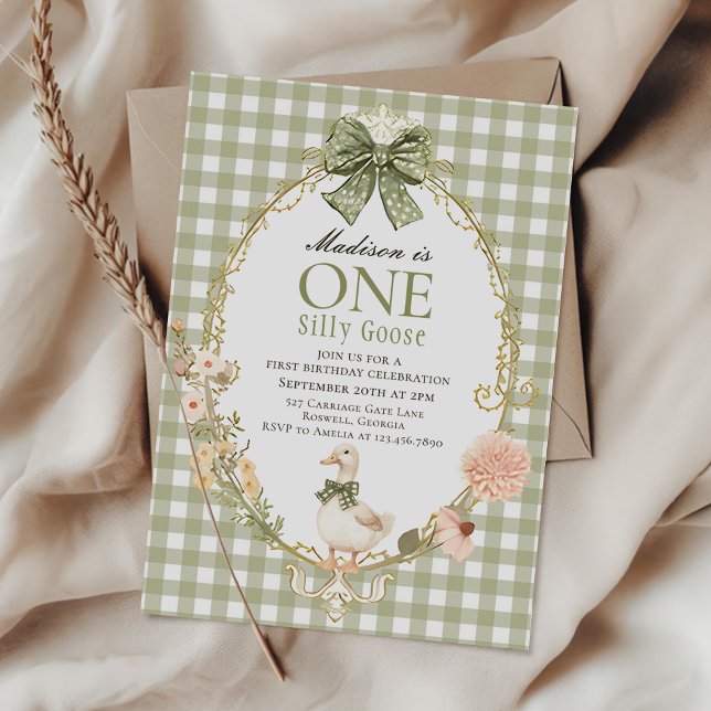 Invitación Ganso Tonto Floral Verde Gingham Cumpleaños 1 (Subido por el creador)