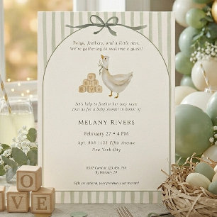 Invitación Ganso Verde Gris Neutro con Lazo para Baby Shower