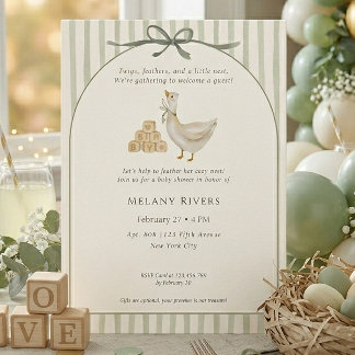 Invitación Ganso Verde Gris Neutro con Lazo para Baby Shower