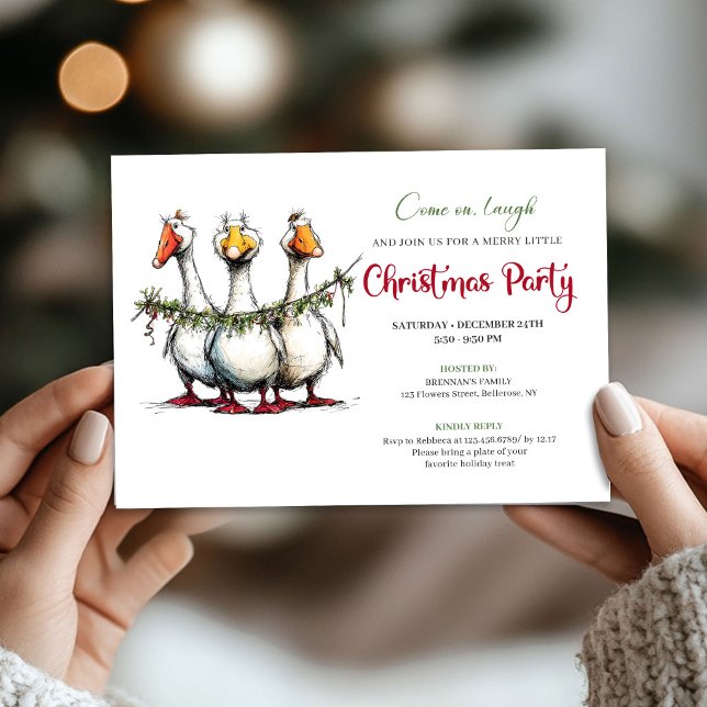 Invitación Gansos Divertidos Navideños Fiesta Alegre Acuarela (Christmas Playful Geese Funny Watercolor Party Invite)