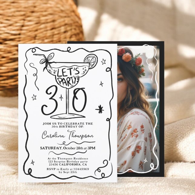 Invitación Garabatos extravagantes y extravagantes de 30 años (Black white quirky whimsical scribbles 30 birthday invitation)