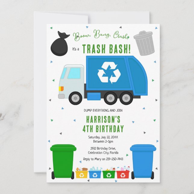 Invitación Garbage Trash Truck Birthday Invitation (Anverso)