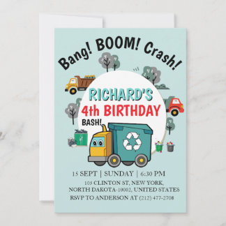 Invitación Garbage Truck Themed Kids Trash Party Birthday