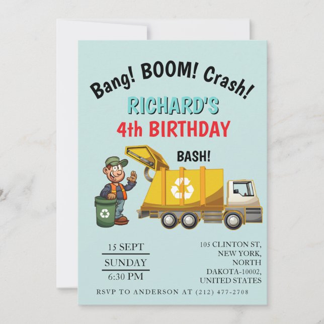 Invitación Garbage Truck Themed Kids Trash Party Birthday (Anverso)