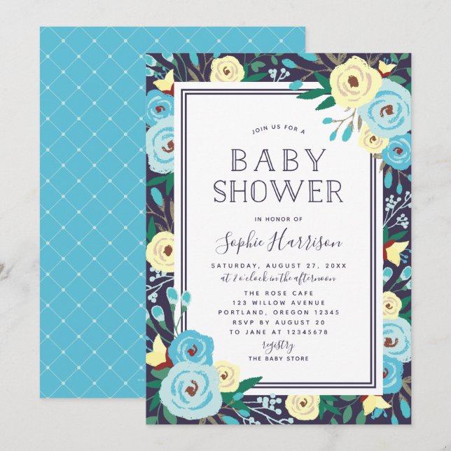 Invitación Garden Blooms Floral Blue Baby Shower (Anverso / Reverso)