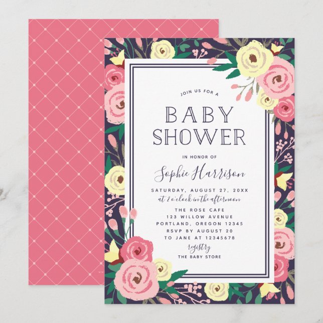Invitación Garden Blooms Floral Rosa Baby Shower (Anverso / Reverso)