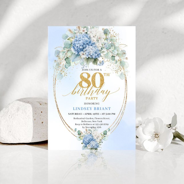 Invitación Garden Blue Floral Gold 80th Birthday Invitation (Garden Blue Floral Gold 80th Birthday Invitation)