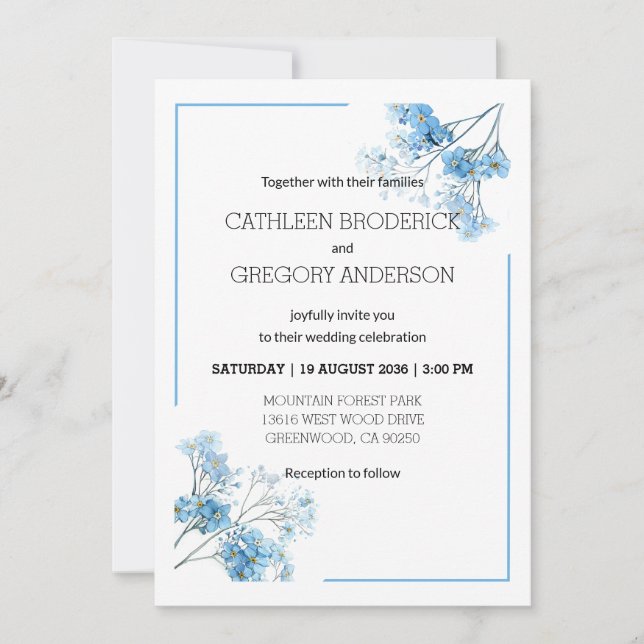 Invitación Garden Blue Watercolor Forget-Me-Not Wedding (Anverso)