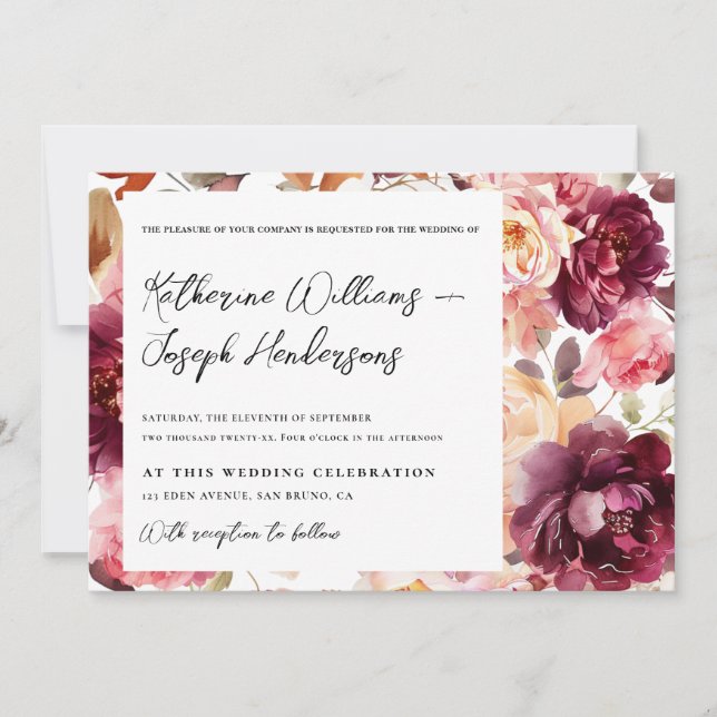 Invitación Garden Burgundy Script calligraphy Details Wedding (Anverso)