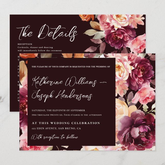 Invitación Garden Burgundy Script calligraphy Details Wedding (Anverso / Reverso)
