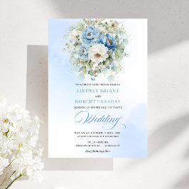 Invitación Garden Dusty Blue White Flowers Gold Wedding