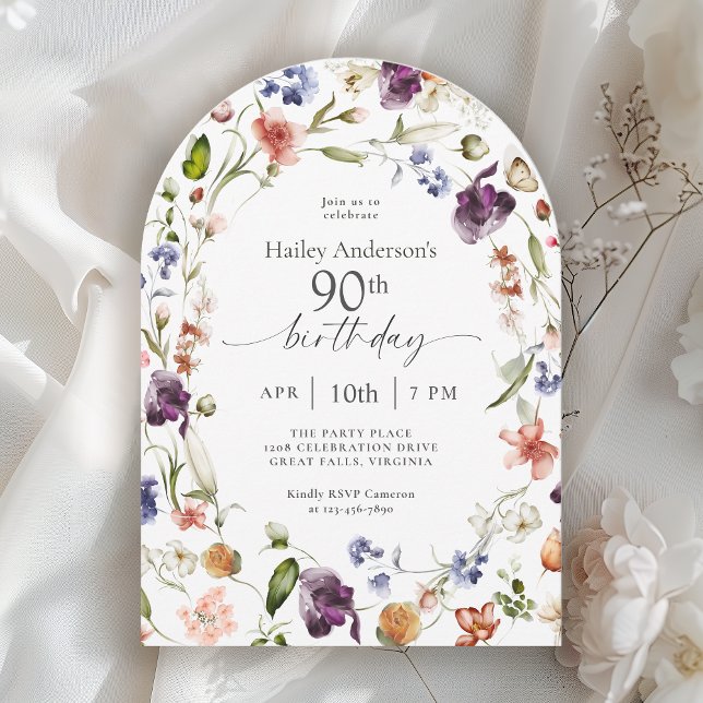 Invitación Garden Flowers Botanical Script 90th Birthday (Subido por el creador)