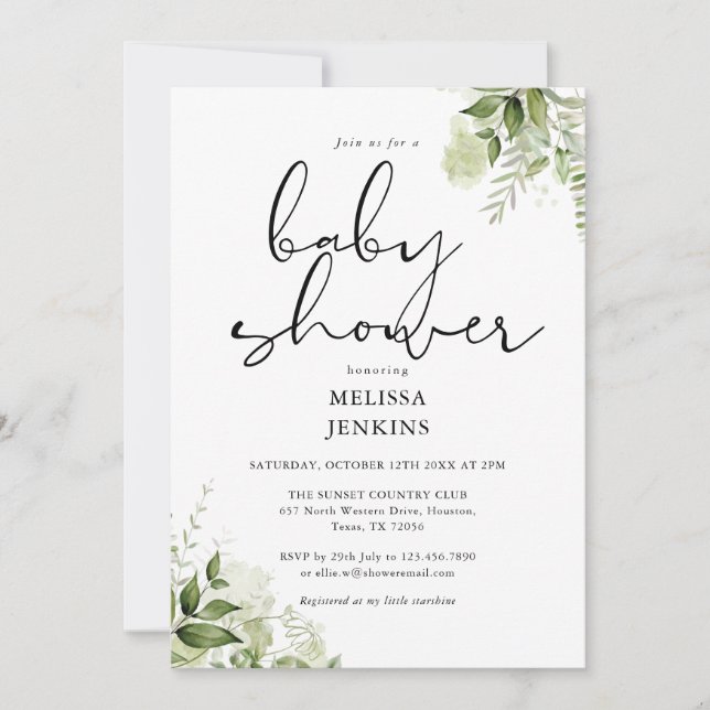 Invitación Garden Greenery Floral Baby Shower (Anverso)
