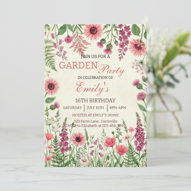 Invitación Garden Party Watercolor Wildflower Floral Birthday (Anverso de pie)