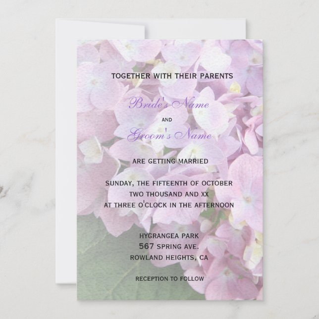 Invitación ©Garden Pink Hydrangeas Boda (Anverso)