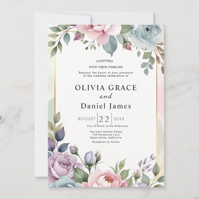 Invitación Garden Romantic Pastel Watercolor Floral Wedding (Anverso)