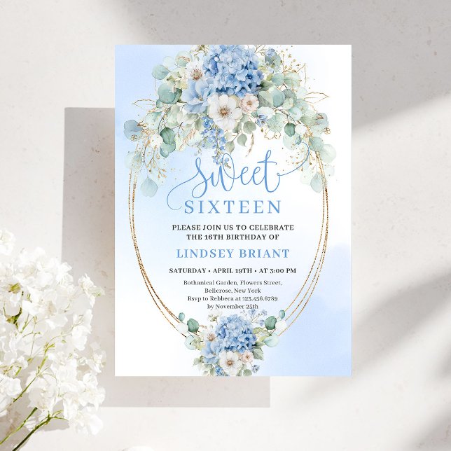 Invitación Garden Script Blue Floral Gold Sweet 16 Birthday  (Garden Script Blue Floral Gold Sweet 16 Birthday Invite)