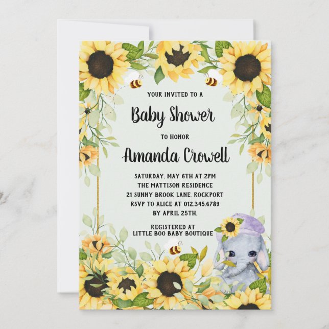 Invitación Garden Sunflowers Elephant Boy Baby Shower (Anverso)