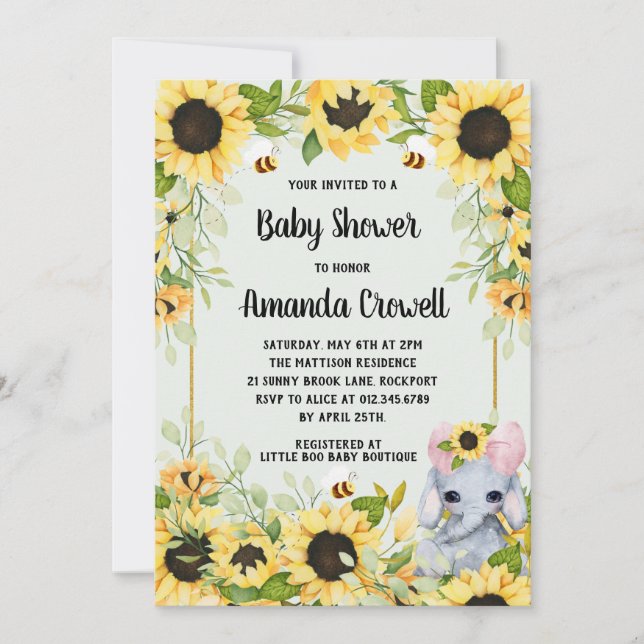 Invitación Garden Sunflowers Elephant Chica Baby Shower (Anverso)