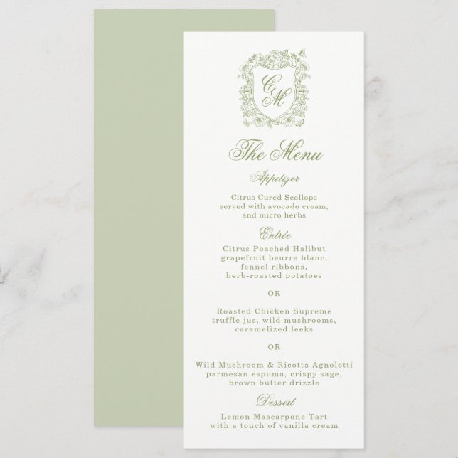 Invitación Garden Wedding Sage Green Monogram Crest Menu Card (Anverso / Reverso)