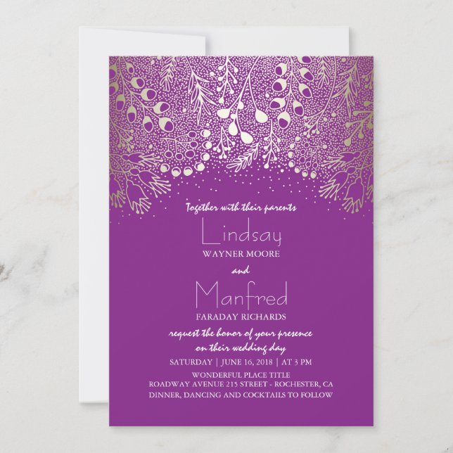 Invitación Garden Wonderland - Boda Woodland Purple Gold (Anverso)