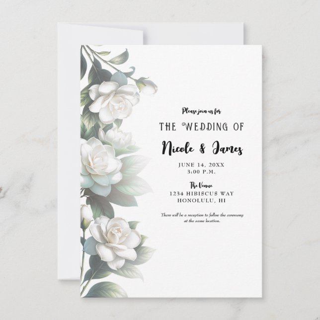 Invitación Gardenia Blanca Flores Elegante Boda Floral (Anverso)