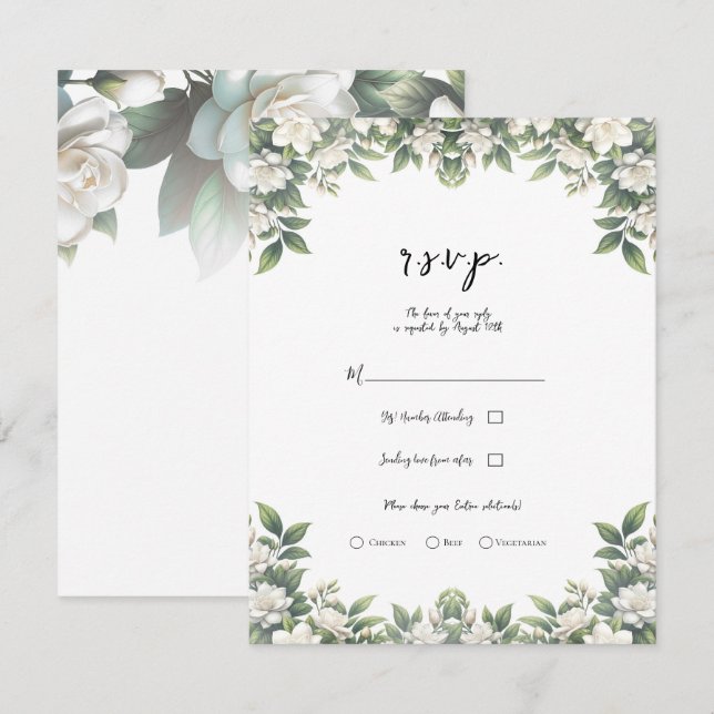 Invitación Gardenia Blanca Flores Elegante Boda Floral RSVP (Anverso / Reverso)
