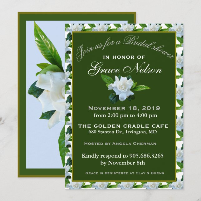 Invitación Gardenia blanca Foliage Verde Ducha de novia (Anverso / Reverso)