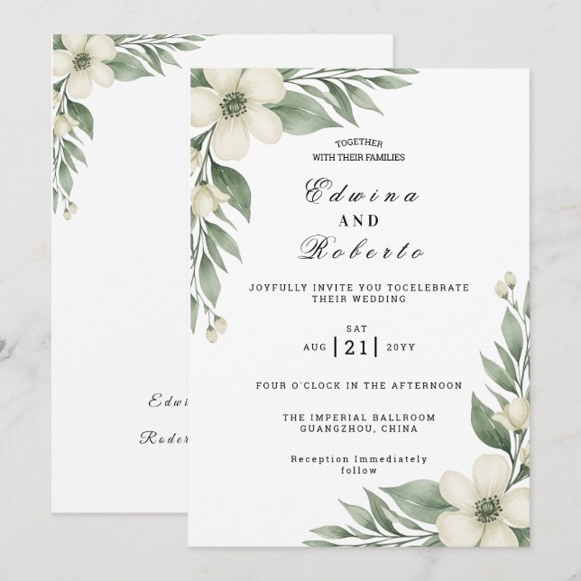 Invitación Gardenia Blanca Rústica y Boda de Eucalipto (Anverso / Reverso)