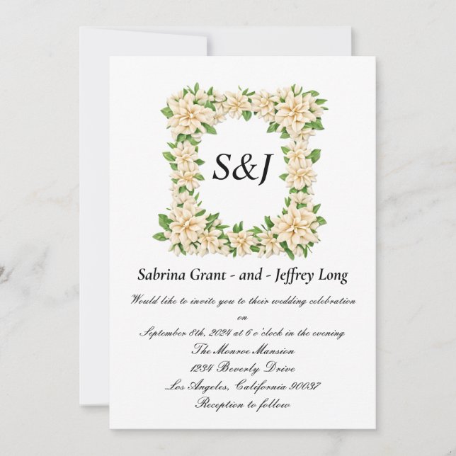 Invitación Gardenia Floral Monograma Boda (Anverso)