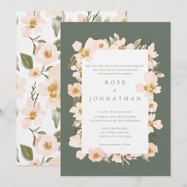 Invitación Gardenia Rubor Watercolor Abstract Floral Green (Anverso / Reverso)