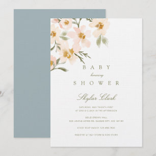 Invitación Gardenia Watercolor Floral Dusty Blue Baby Shower