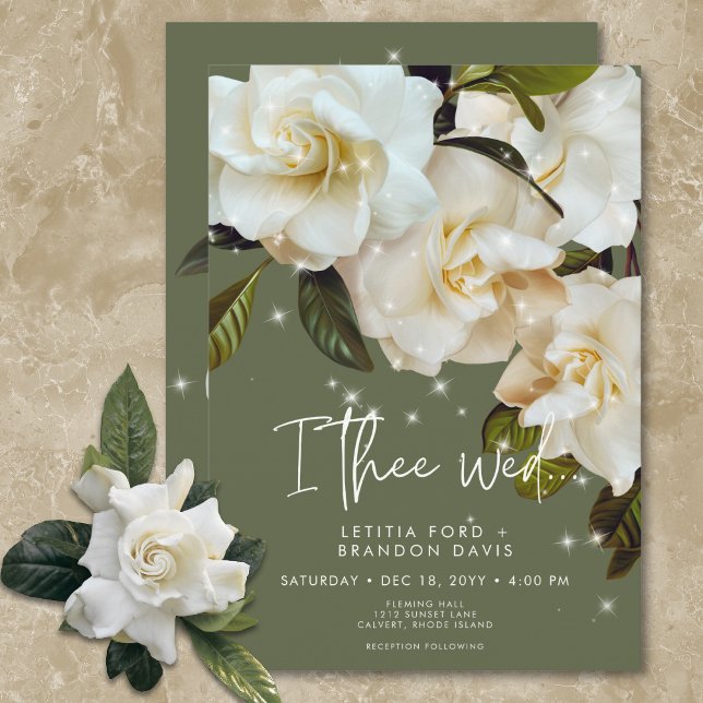 Invitación Gardenias blancas modernas en Boda de espuma de sa (Modern White Gardenias on Sage Sparkle Wedding Invitation)