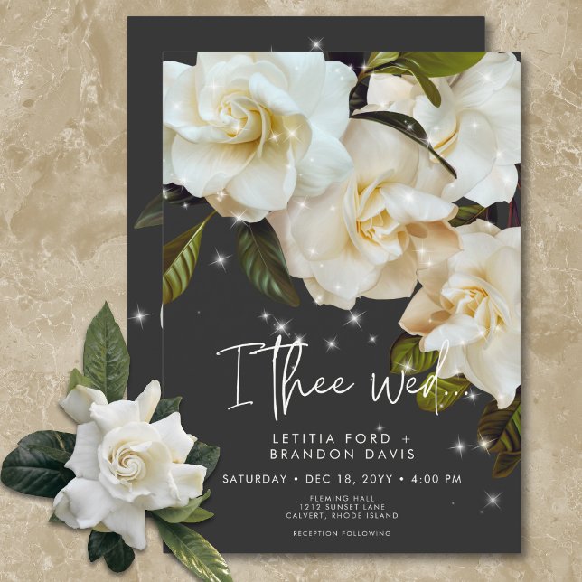 Invitación Gardenias blancas modernas sobre el Boda de la esp (Modern White Gardenias on Black Sparkle Wedding Invitation)