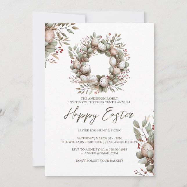Invitación Garland acuarela | Picnic de Pascua y caza de huev (Anverso)