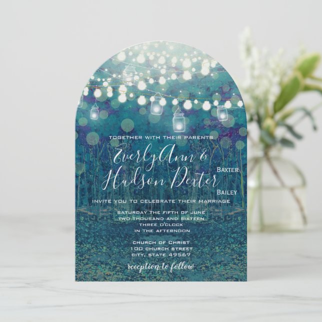 Invitación Garland Verde azulado azul de Boda forestal de las (Anverso de pie)