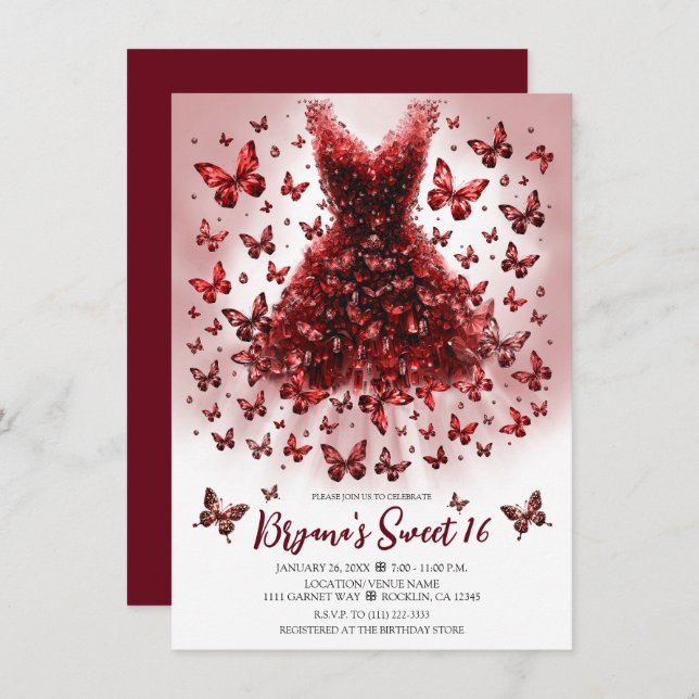 Invitación Garnet Red Butterfly Vestido Enero Birthstone (Anverso / Reverso)